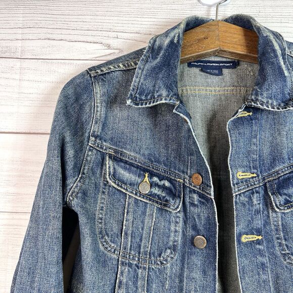 Vintage Ralph Lauren Sport Y2K Denim Jacket Womens Blue Jean Top Distressed Sz S - Picture 3 of 11